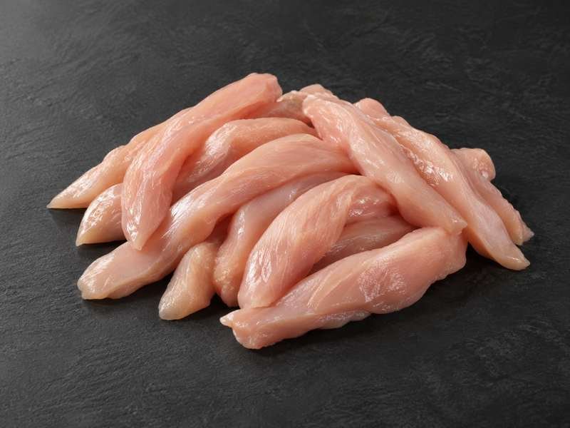 Pile of raw chicken breast fillet strips